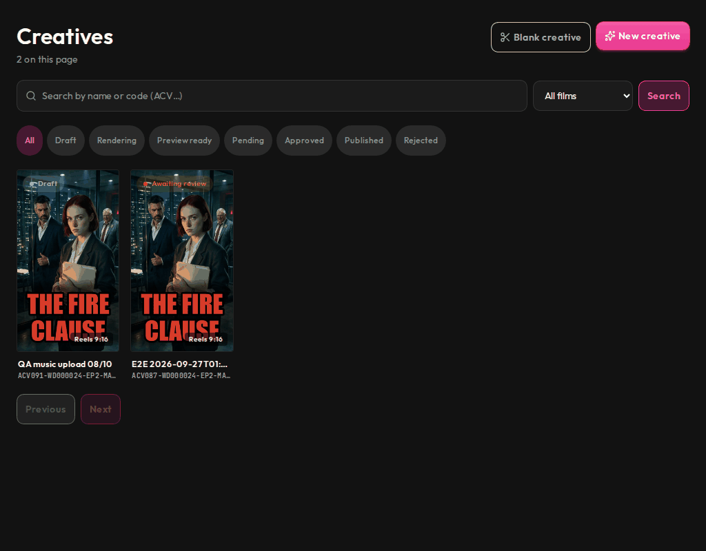 The Creatives screen